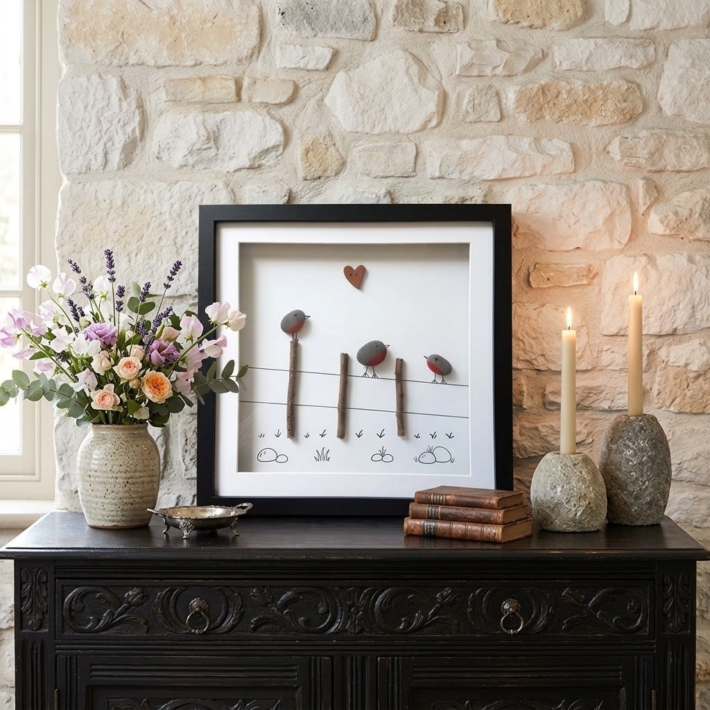 A framed wall art piece displayed on a dark carved cabinet against a stone wall. The artwork features small bird figures and simple line drawings on a white background inside a black frame.