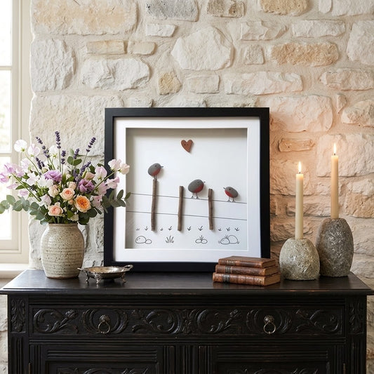 A framed wall art piece displayed on a dark carved cabinet against a stone wall. The artwork features small bird figures and simple line drawings on a white background inside a black frame.