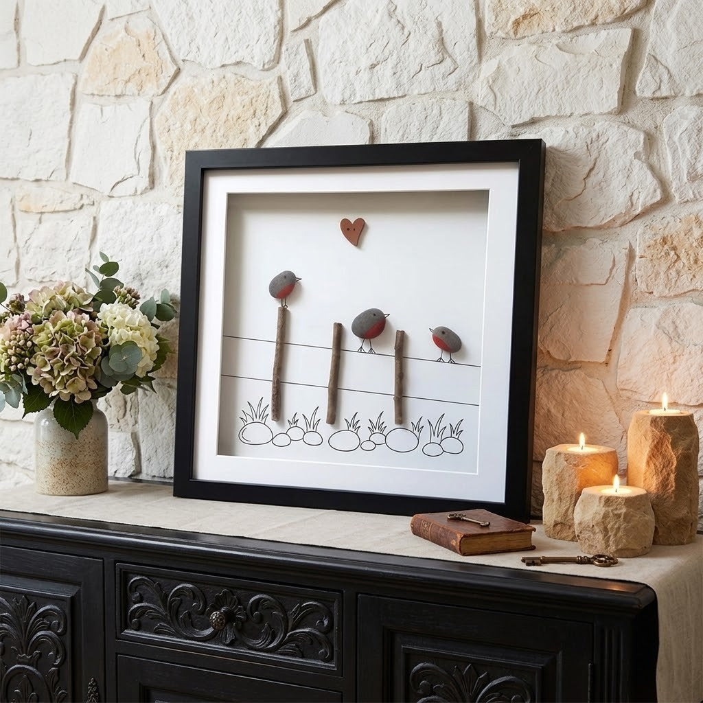 A framed shadow box art print featuring four small birds perched on wires, displayed on a dark wooden console table against a light stone wall with candles and flowers.