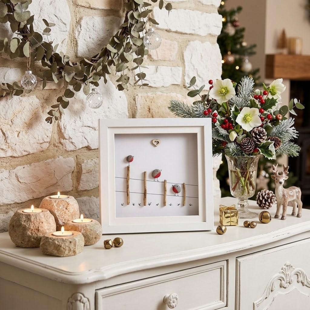 A white square shadow box frame with a robin pebble art design, displayed on a white console table in a decorated living room setting. The frame features a white background with a string line, small wooden dowels, and red berries, surrounded by Christmas decorations including candles, a floral arrangement, and a small deer figurine.