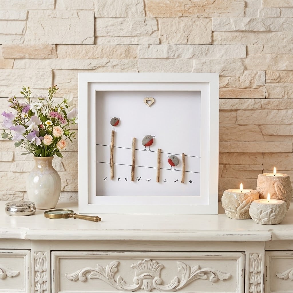 A framed decorative wall art piece displayed on a white cabinet against a beige stone wall. The artwork features small birds perched on wire-like lines with tiny hooks, set in a white frame.