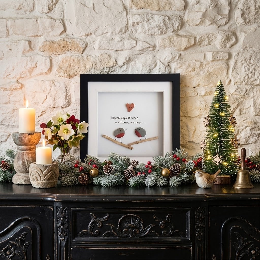 A framed robin pebble art frame featuring two small birds and the text 'Those who love you will always be near.