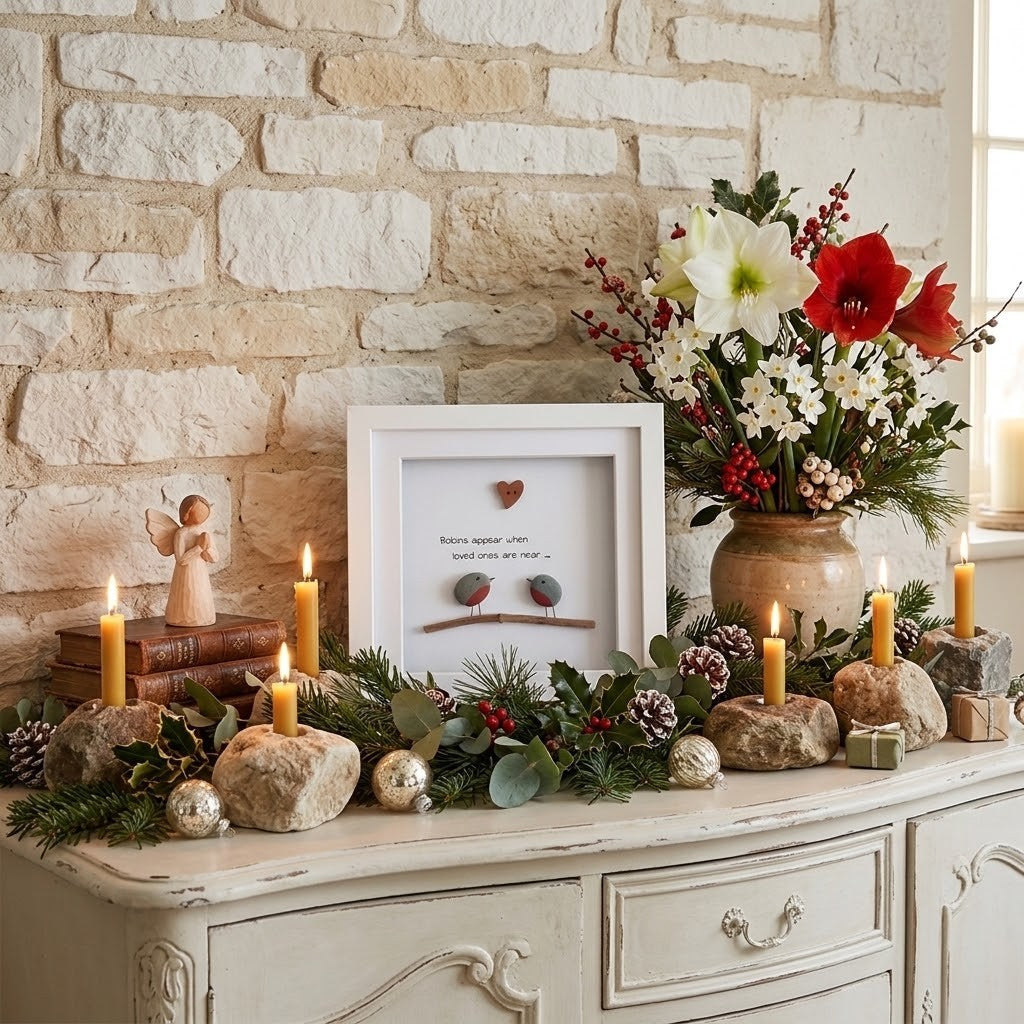 A framed robin-themed art print displayed on a rustic white wooden console table against a beige stone wall. The white frame contains a small heart, a branch with two birds, and a quote.