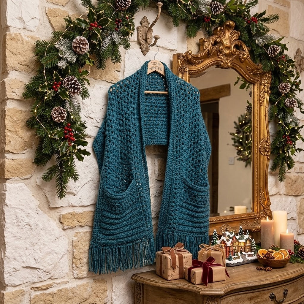 A teal blue crocheted scarf with large front pockets and fringe trim hangs on a wooden hanger in a rustic holiday setting, displayed on a stone wall beneath a gold mirror with a green pine garland.