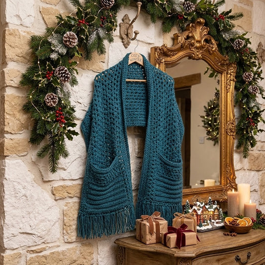 A teal blue crocheted scarf with large front pockets and fringe trim hangs on a wooden hanger in a rustic holiday setting, displayed on a stone wall beneath a gold mirror with a green pine garland.