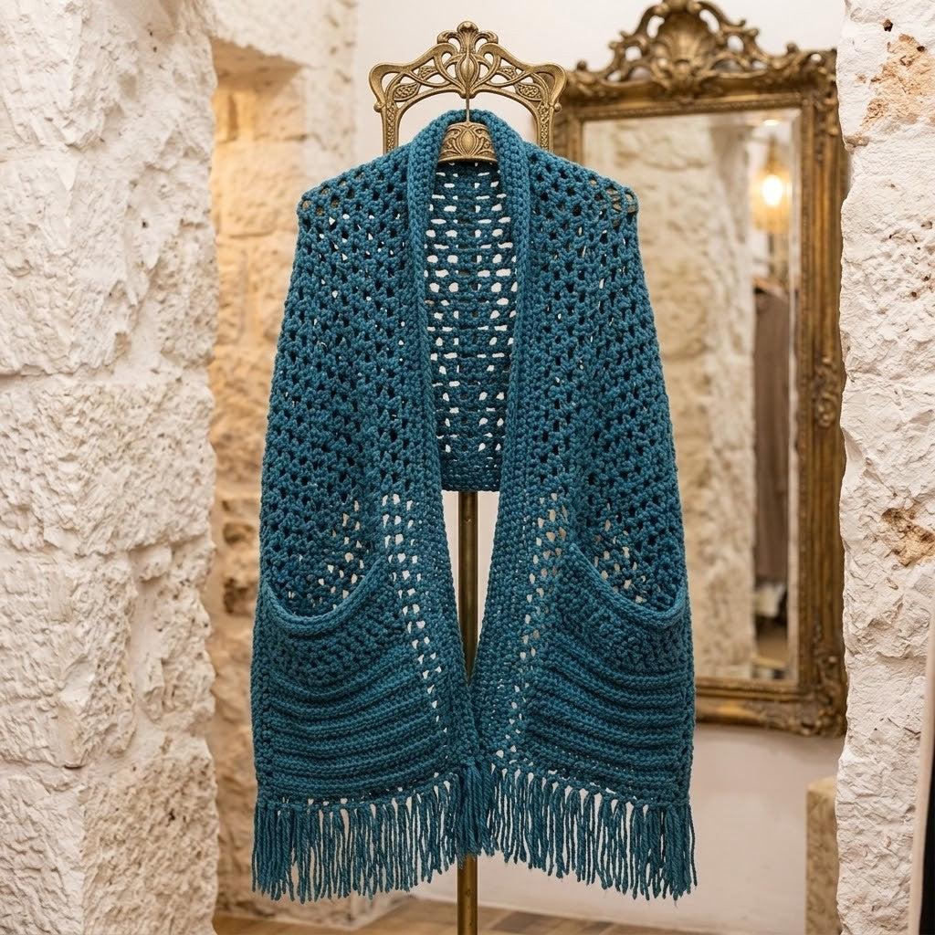 A teal blue open-front crochet scarf with fringed hem and side pockets, displayed on a gold hanger on a mannequin stand in a rustic stone interior with an ornate mirror in the background.