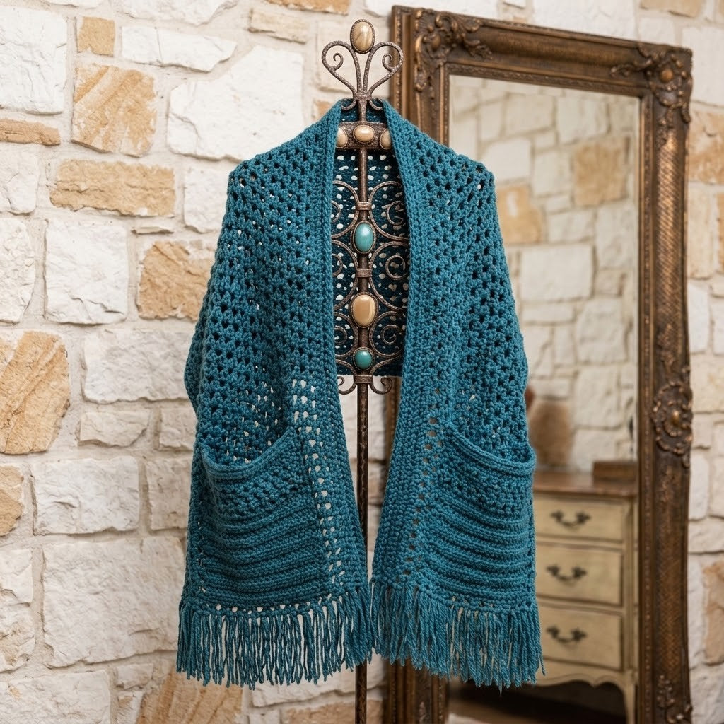 A teal blue crocheted shawl with fringe and front pockets, draped over a decorative metal hanger in front of a rustic stone wall and an ornate mirror.