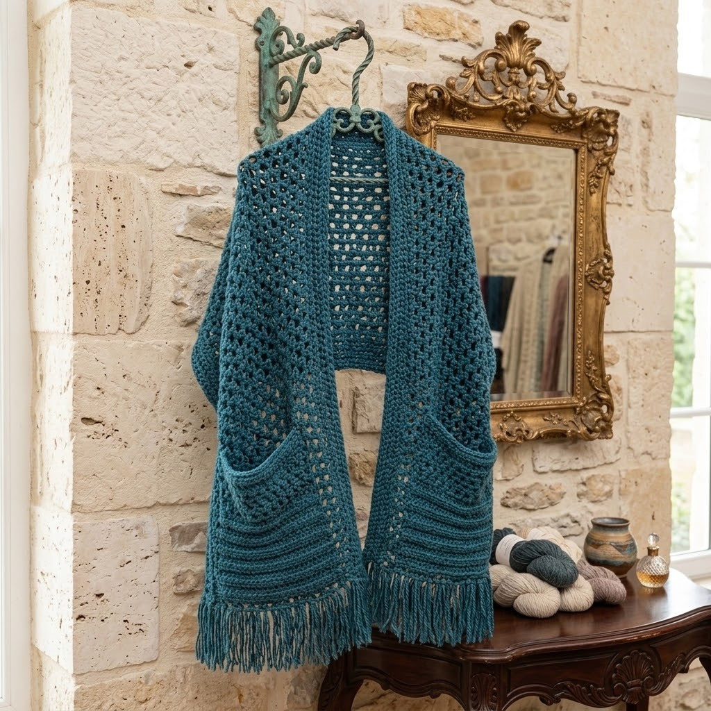 A teal blue open-front crochet scarf with fringed hem and side pockets, hanging on a decorative wall hook in a rustic room setting with a stone wall, ornate mirror, and wooden table.