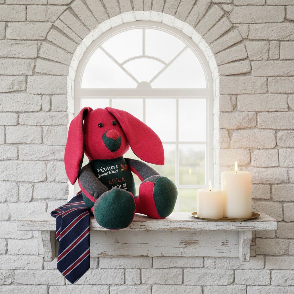 Stuffed dog toy with a tie on a shelf in front of a window with candles.