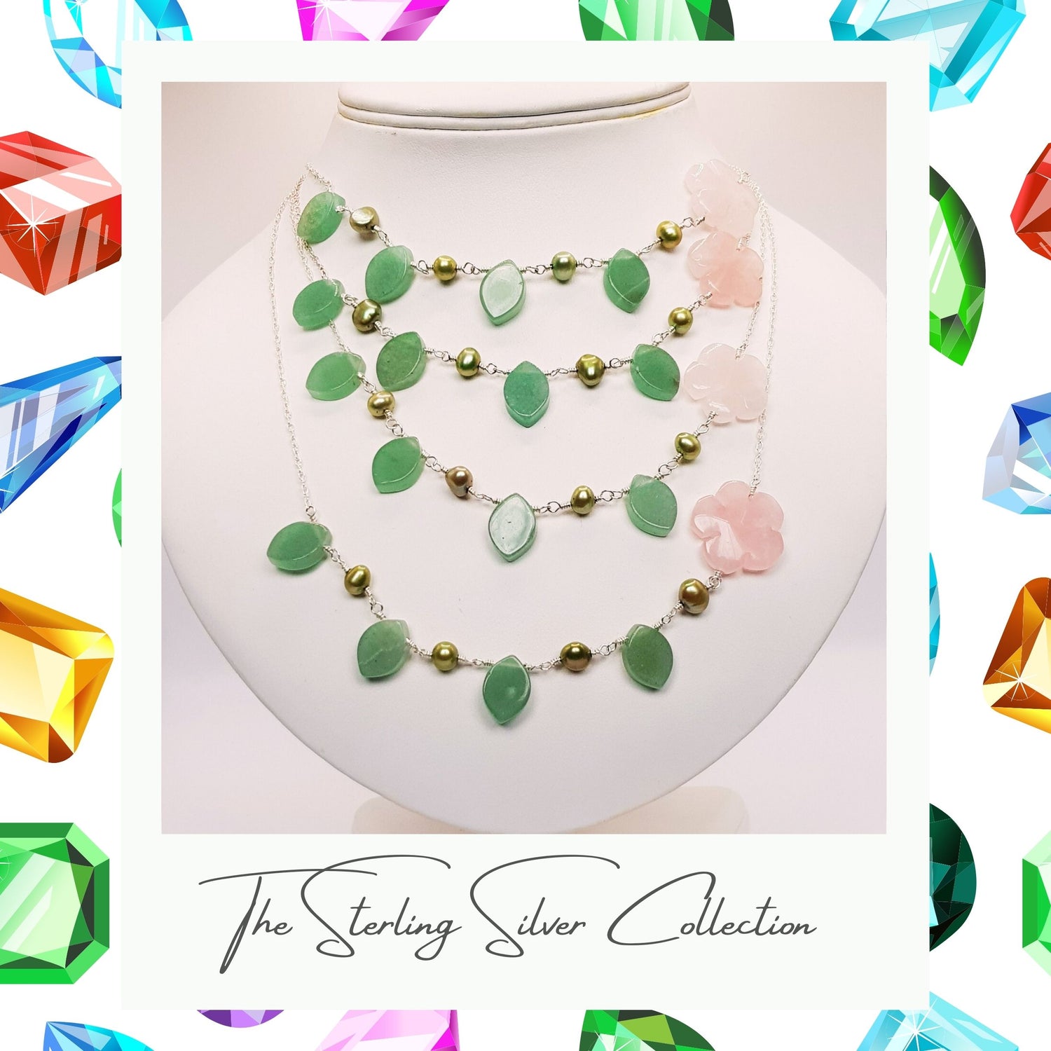 4 semi precious bead necklaces on necklace stand, text reads the sterling silver collection.