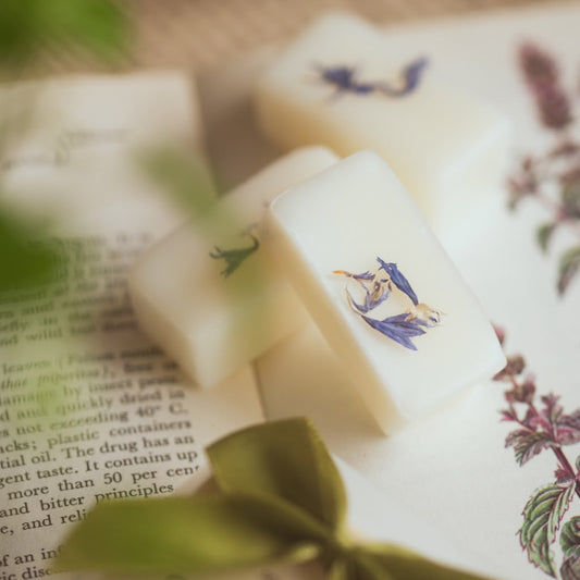 White wax melt bars with decorative designs on a book page