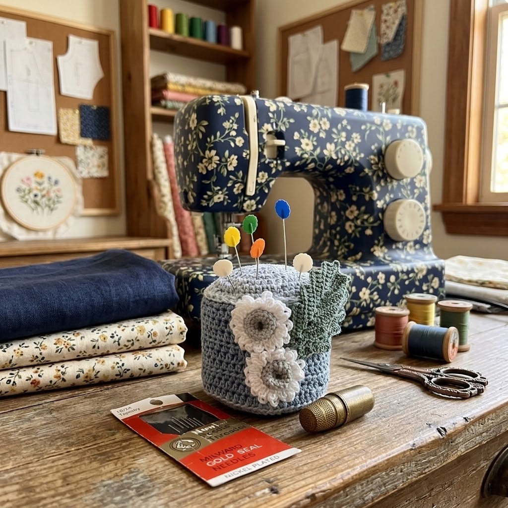 A cosy sewing room scene featuring a floral-patterned sewing machine on a wooden table, alongside a crocheted pincushion with colourful pins, folded fabrics, and sewing supplies.