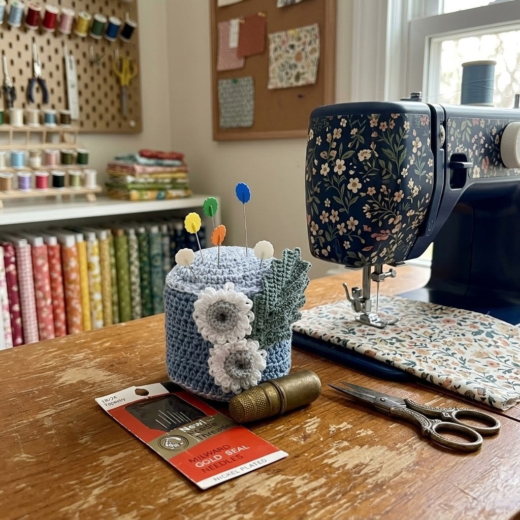 A blue crocheted pin holder with flower and leaf appliqués sits on a wooden table in a sewing room, next to a floral-patterned sewing machine, scissors, a spool of thread, and sewing notions.