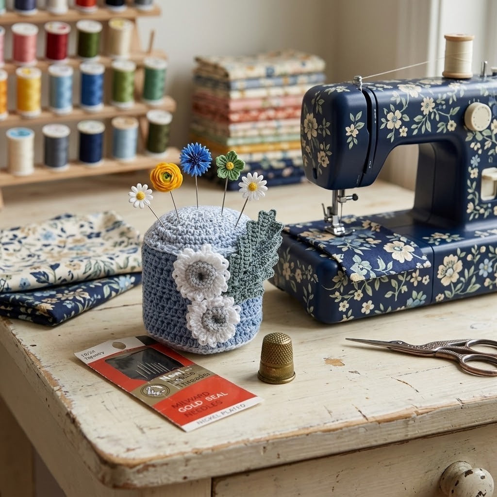 A cosy sewing room scene with a navy floral sewing machine, matching fabric, a crocheted pin holder with flower pins, scissors, and a thimble on a rustic wooden table.
