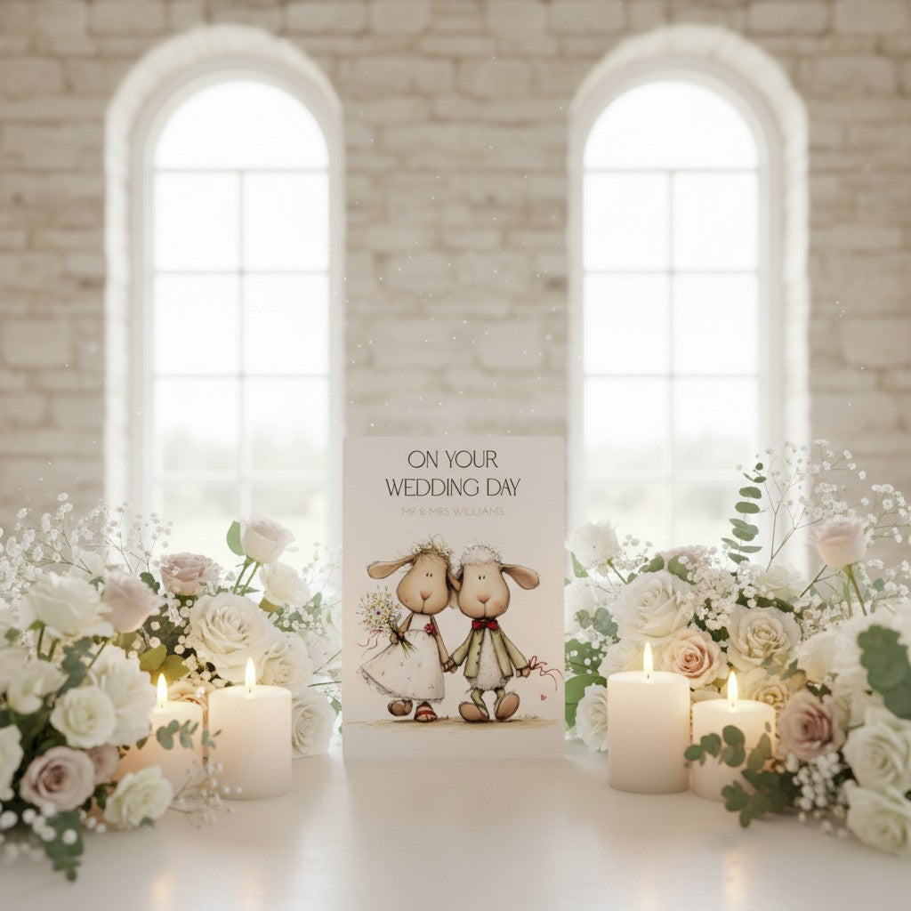 Wedding card with two sheep holding hands surrounded by flowers and candles in a softly lit room.