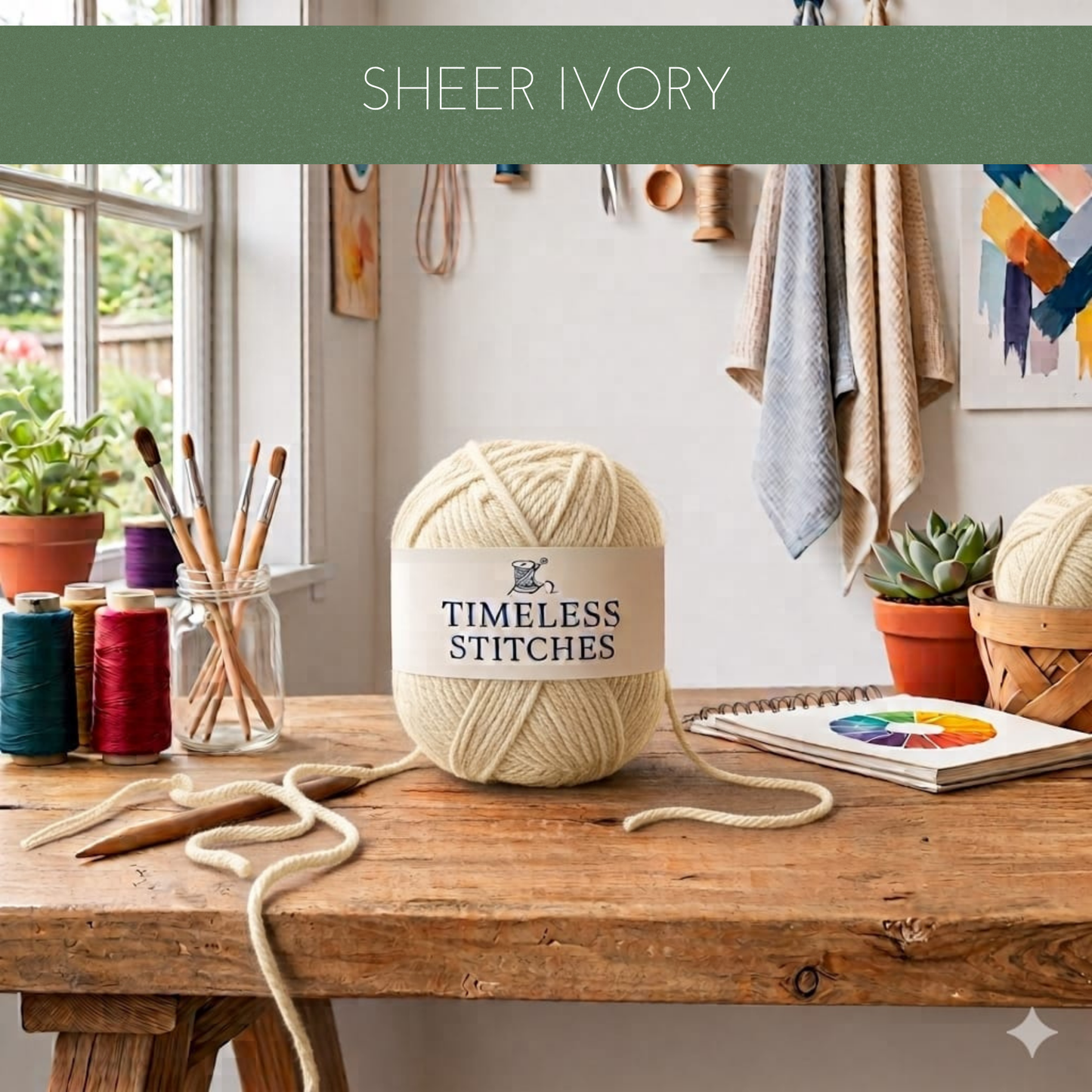 A ball of cream-colored yarn labelled 'TIMELESS STITCHES' sits on a rustic wooden table in a cosy craft room setting. The scene includes knitting needles, yarn spools in multiple colors, a small plant, and a colour wheel notebook.