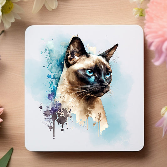 white coaster with a siamese cat head and blue smokey background and splash detailing