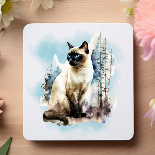 siamese cat mug mat featuring a siamese cat on a blue background with trees