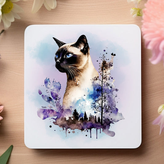siamese cat on a white coaster. Lilac background with trees
