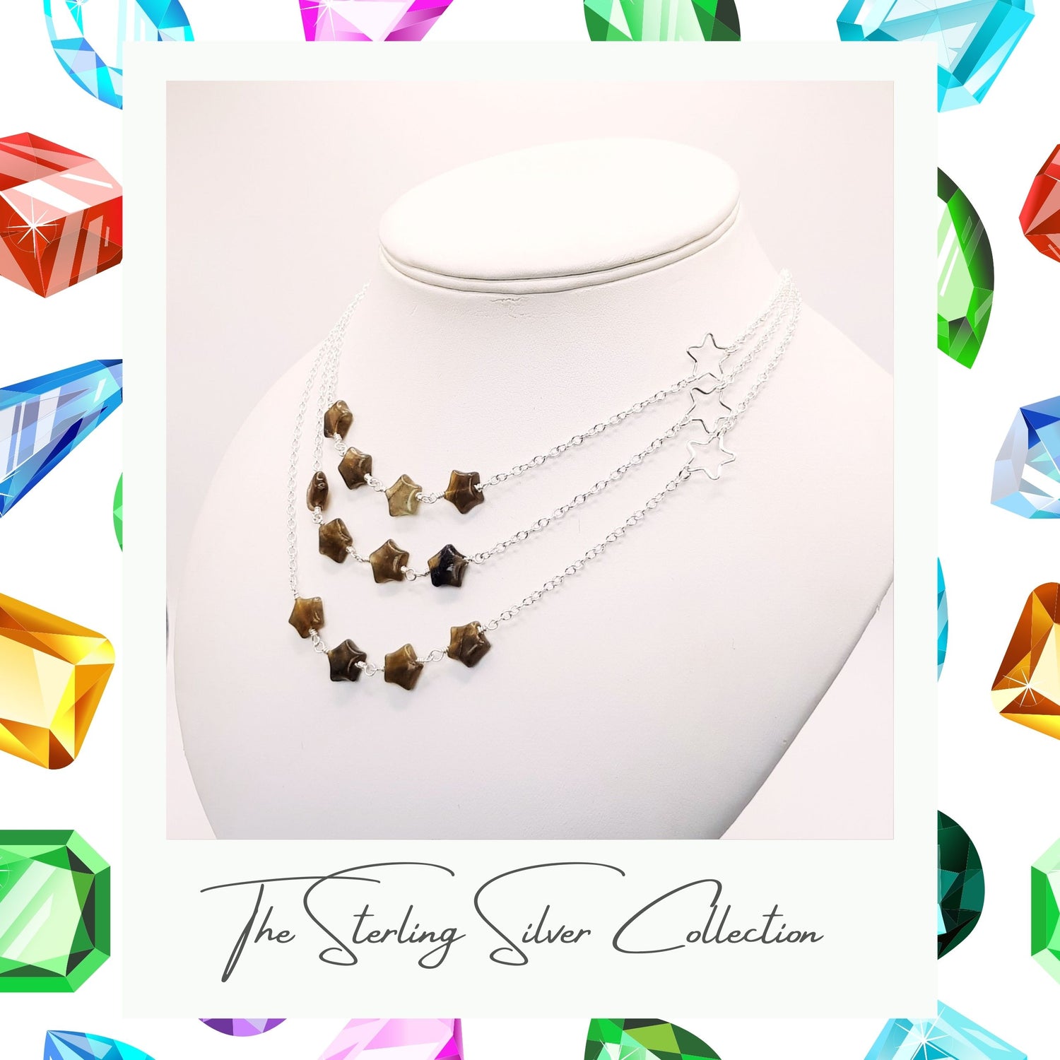 Three labradorite necklaces on a necklace stand.