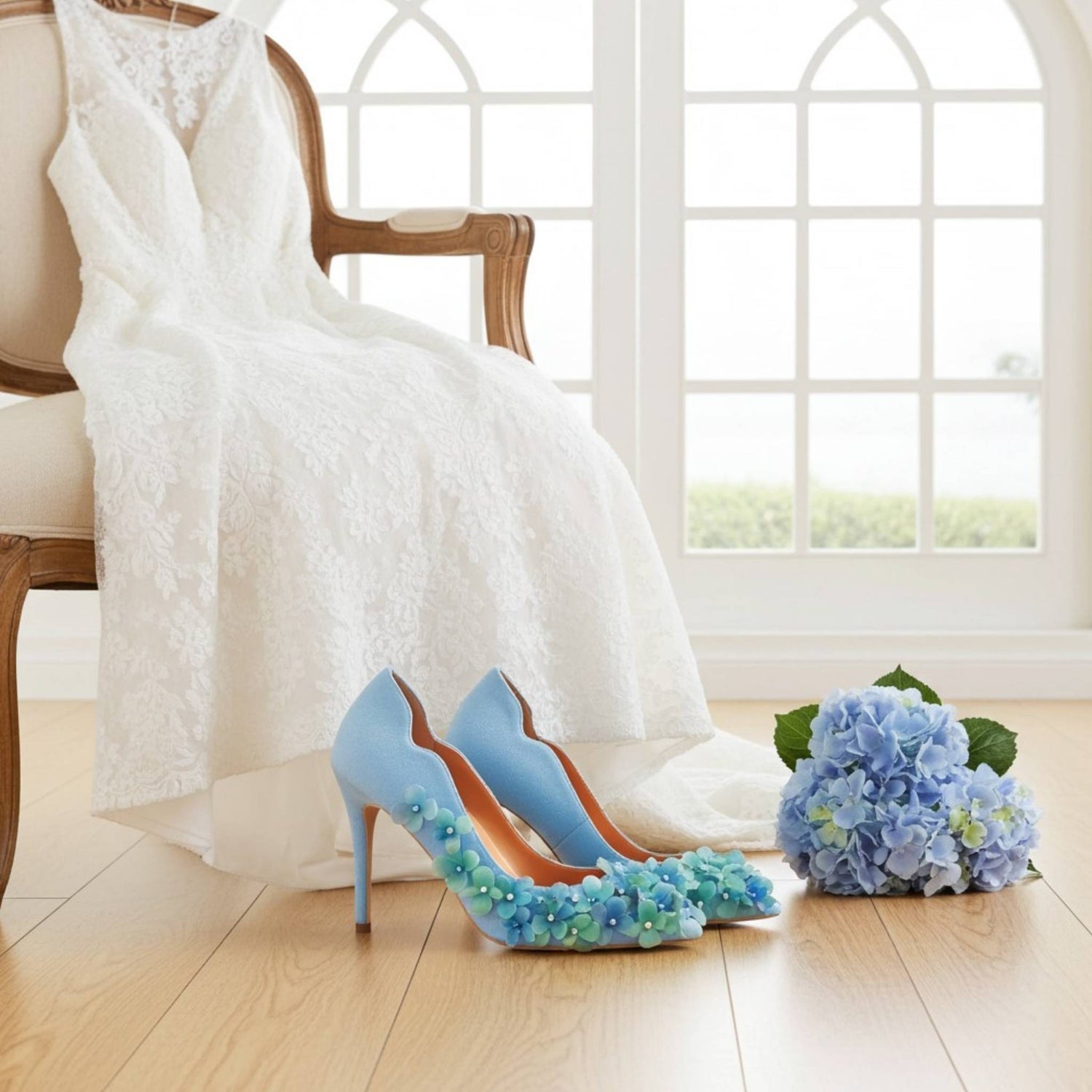 Floral embellished high-heeled shoes next to a white lace dress and bouquet of flowers on a wooden floor.