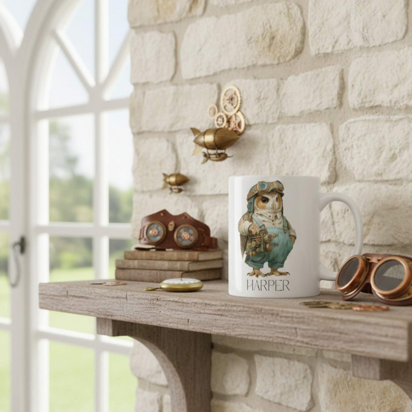 Mug with owl design and 'Harper' on a wooden shelf against a stone wall.