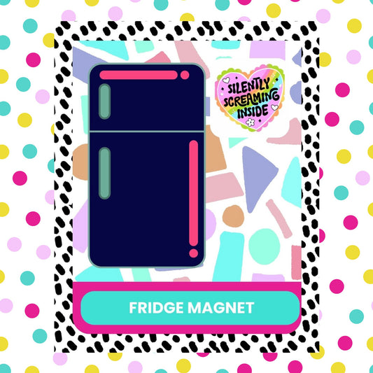 A white fridge magnet with text and graphics related to a sarcastic fridge interior monologue, placed on a patterned background.