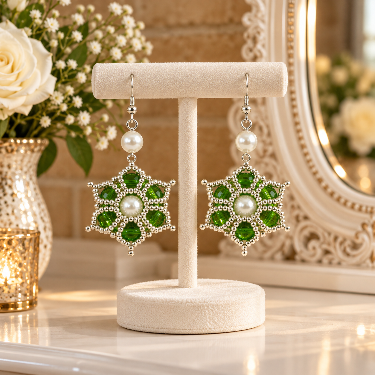 A pair of dangling earrings displayed on a cream jewellery stand. Each earring has a silver-tone floral setting with green faceted stones and a white pearl at the centre, hanging from a silver fishhook ear wire.