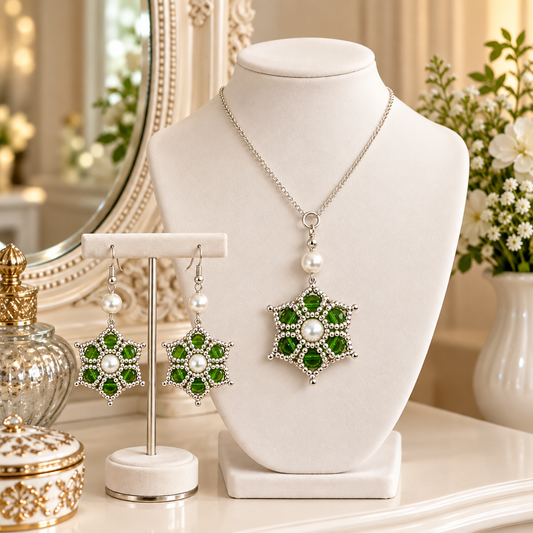 Silver jewellery set featuring a necklace and matching drop earrings with green gemstone snowflake motifs and white pearl centres, displayed on a white jewellery bust and stand in an elegant indoor setting.