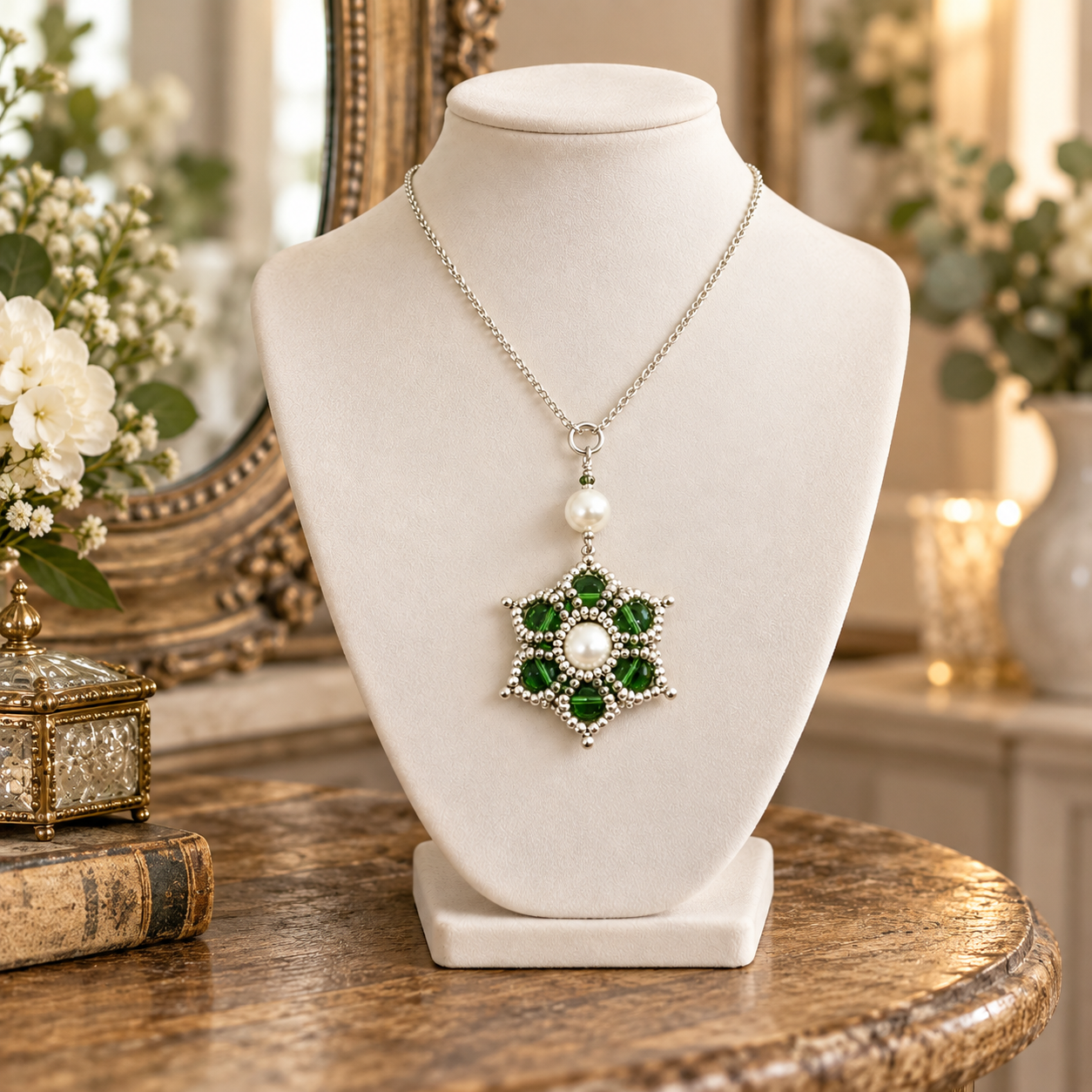 A silver-tone necklace with a floral pendant featuring green stones and a central pearl, displayed on a cream jewellery bust. The bust sits on a wooden table with decorative flowers and a mirror in the background.