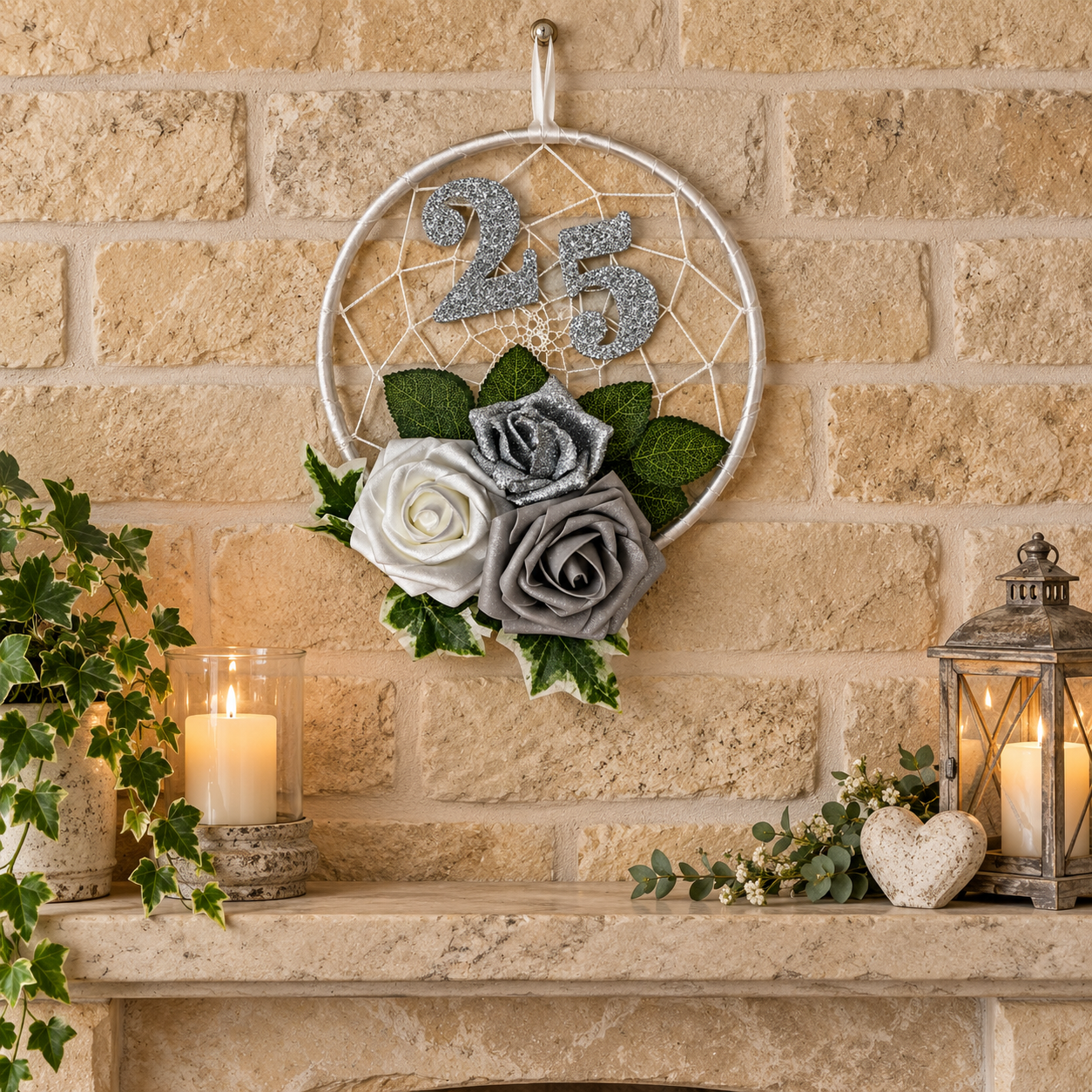 A decorative dreamcatcher wall hanging with a silver-toned hoop, grey and white faux roses, green leaves, and a glittery silver number 25, displayed on a stone mantel against a tan brick wall with candles and greenery.
