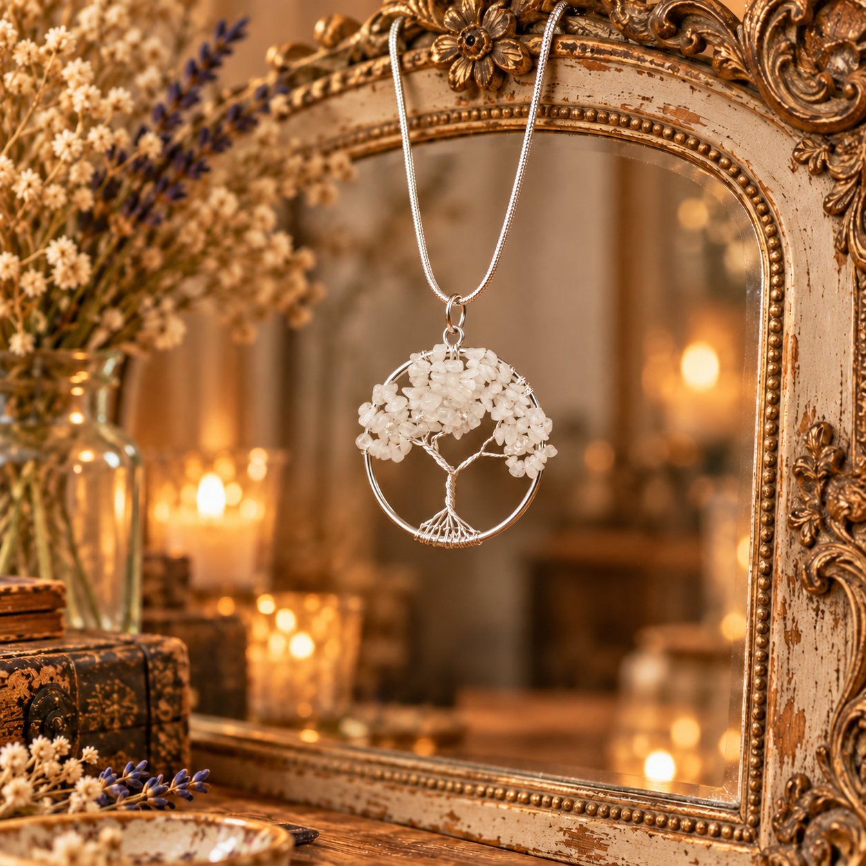 A silver tree-of-life pendant necklace with white floral details hangs from an ornate gold mirror frame in a warm, vintage-style setting with candles and dried flowers.