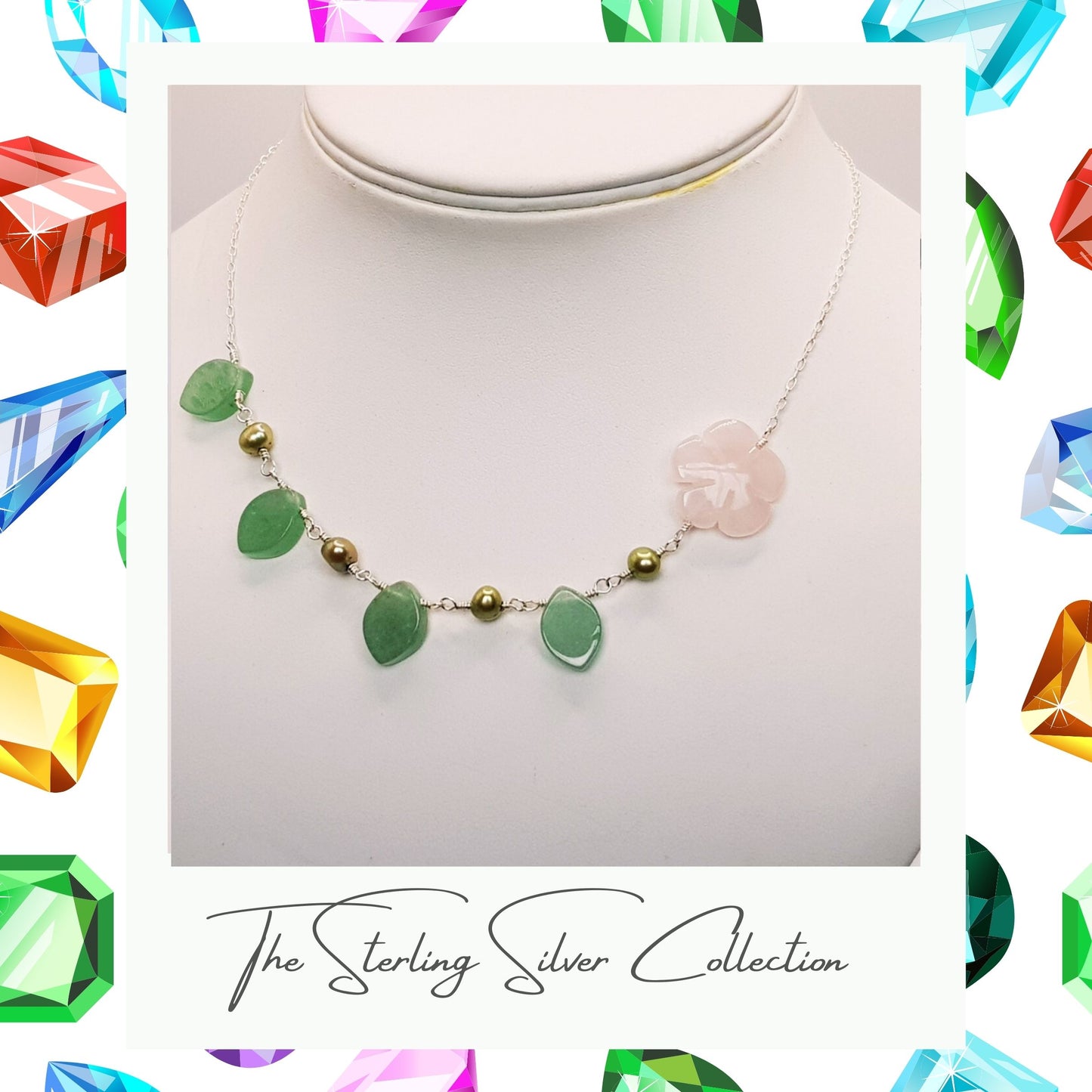 Single semi precious bead necklace on stand, text reads Sterling Silver Collection.