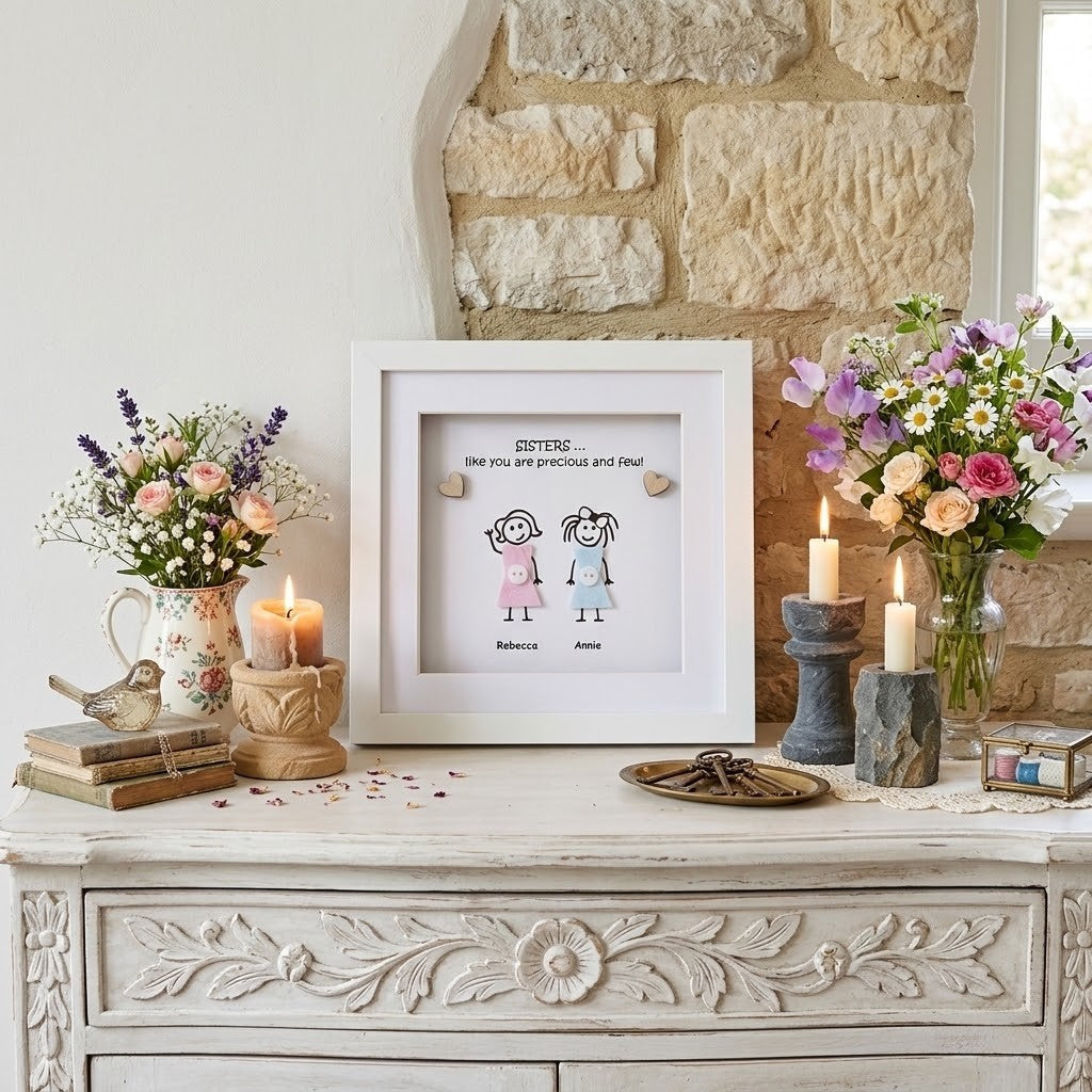 A framed custom illustration sister pebble art displayed on a distressed white wooden chest of drawers, styled with flowers, candles, and books against a white and stone wall background.