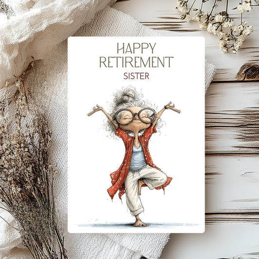 Happy Retirement Sister card with a cartoon character on a wooden surface with flowers.