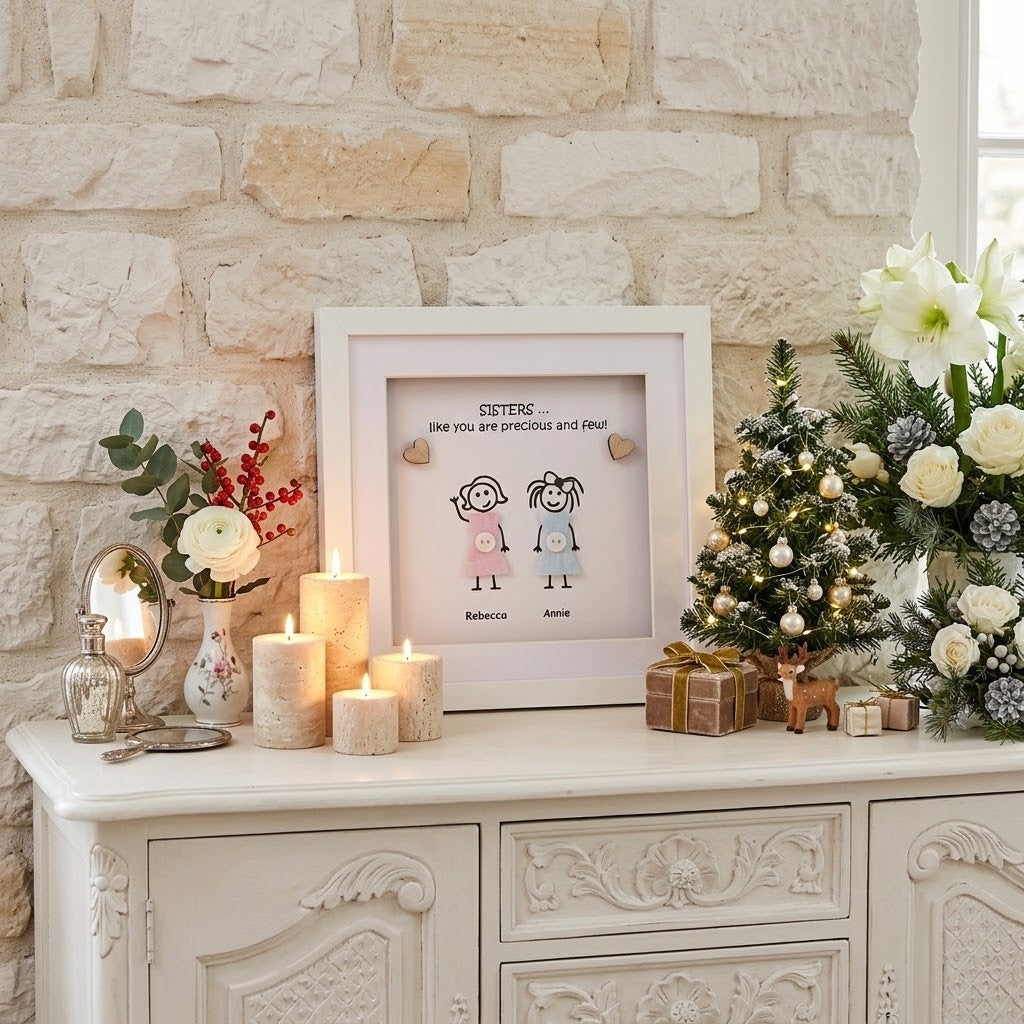 A framed custom pebble art featuring two cartoon girls and the text 'SISTERS like you are precious and great!' displayed on a white sideboard against a light stone wall, styled with candles, a small decorated tree, flowers, and gifts.