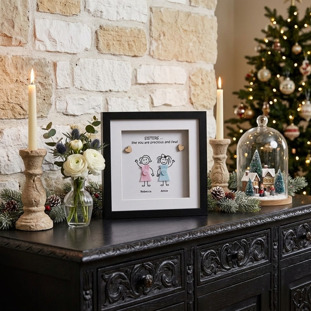A framed custom sister pebble art displayed on a dark wooden console table in a cosy living room setting. The black-framed print features a hand-drawn illustration of a mother and daughter with the text 'COSTUME like you are precious and real' and the names 'Melissa' and 'Avery' underneath.