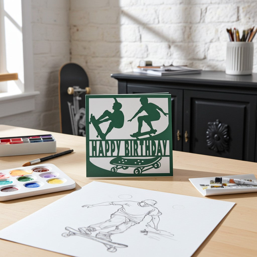 A square greeting card with a green and white skateboarder design and the words 'HAPPY BIRTHDAY' stands on a wooden table in a bright room. The card is surrounded by art supplies, including a watercolor palette, a pencil sketch on paper, and a small paintbrush, with a skateboard and cabinet in the background.