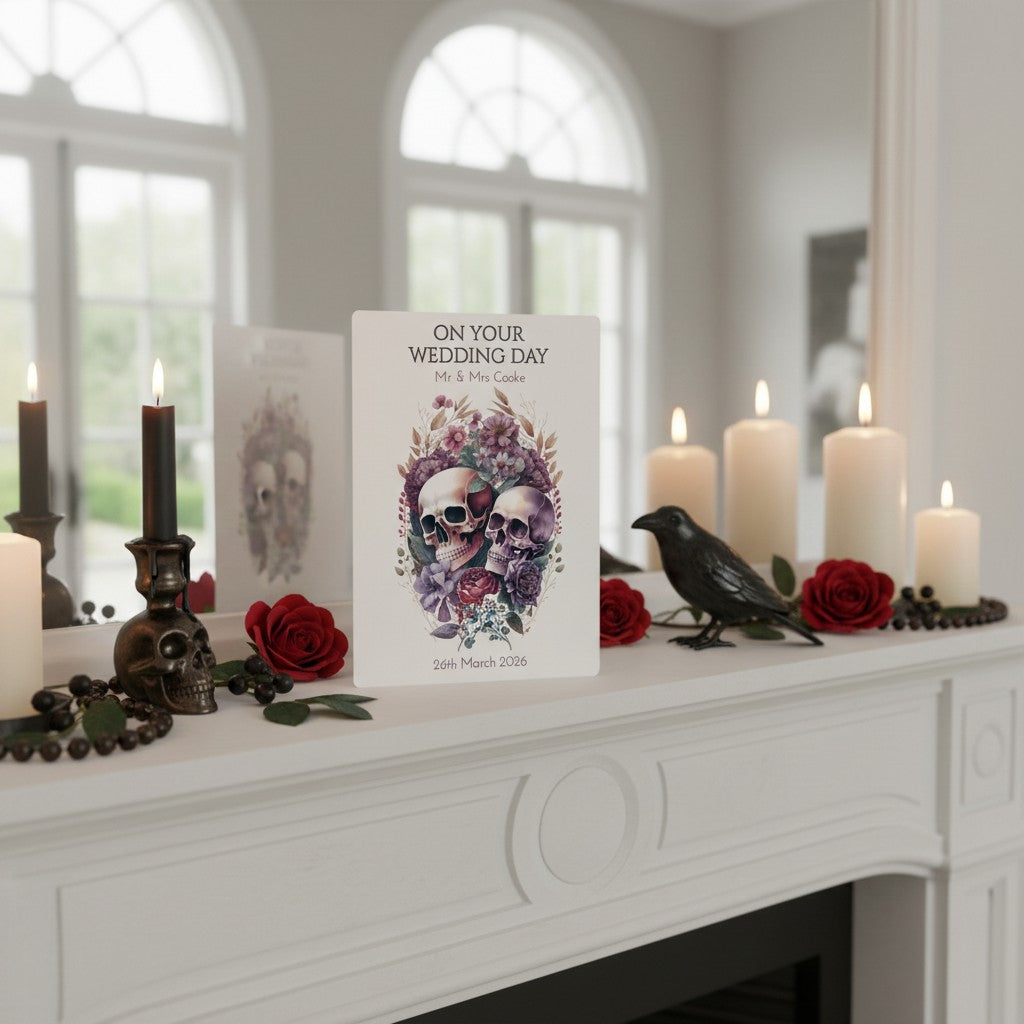 Wedding card with skull design on a decorative mantelpiece with candles and flowers.