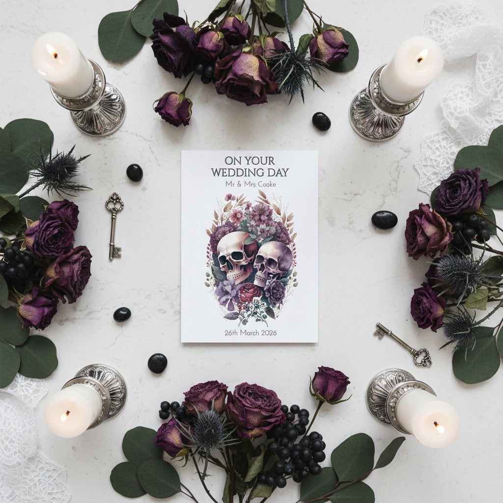 Wedding card with skull design surrounded by purple flowers, candles, and keys on a white background