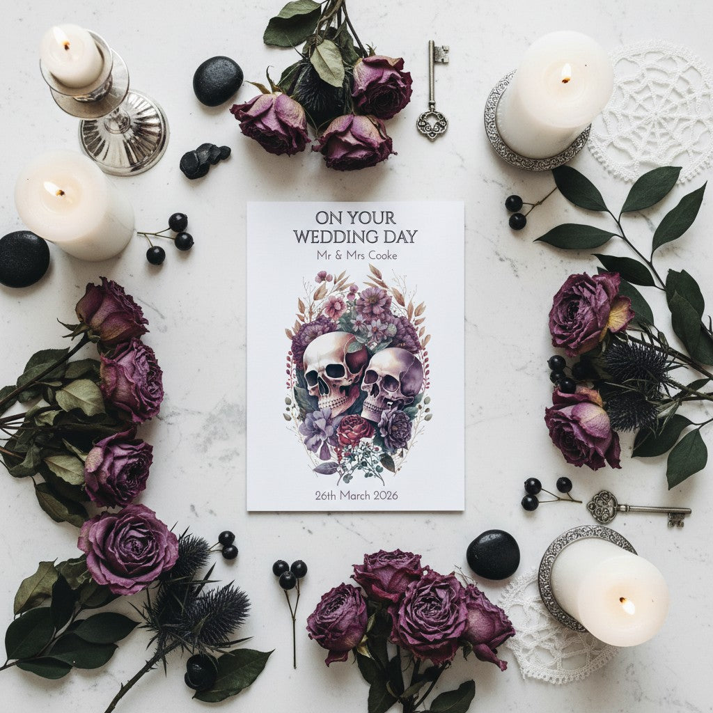 Wedding card with skull design surrounded by purple roses, candles, and keys on a marble surface.
