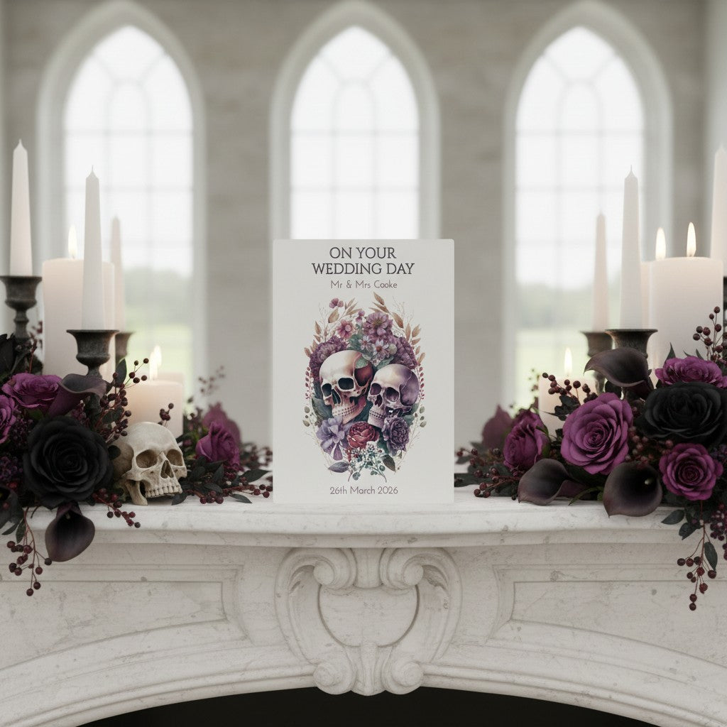 Wedding card with skulls and flowers on a decorative fireplace mantel with candles and flowers.