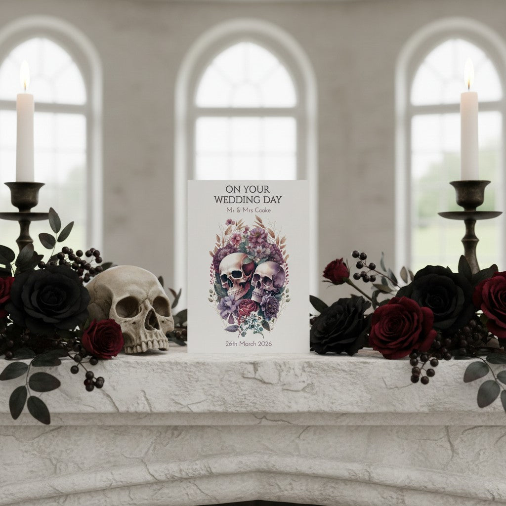 Decorative card with skulls and flowers on a mantelpiece with candles and flowers.