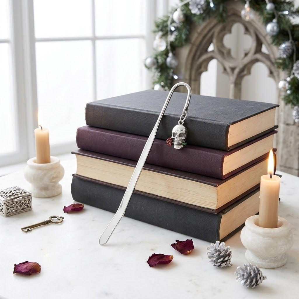 A silver metal bookmark shaped like a skull charm rests on a stack of four books on a marble surface, styled with lit candles, dried rose petals, pinecones, and a decorative gothic arch in the background.