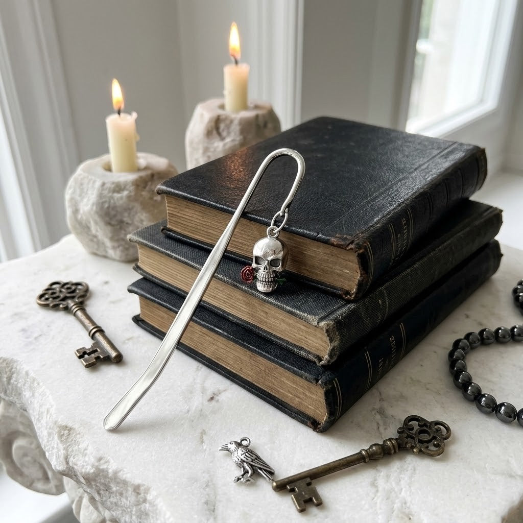A silver gothic bookmark shaped like a skull with a small red heart accent, resting on a stack of vintage black books on a white marble surface. The scene is styled with antique keys, a beaded bracelet, and two lit candles in stone holders.