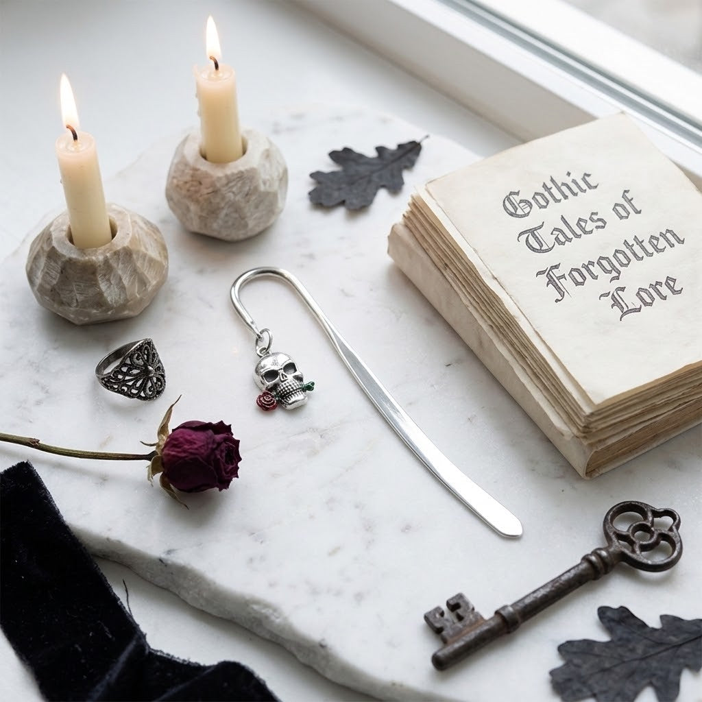 A silver metal bookmark shaped like a skull with a small red gem accent lies on a white marble tray, surrounded by gothic-themed props including two lit candles in stone holders, an old book titled 'Gothic Tales of Forgotten Love', a dried rose, rings, a key, and leaf-shaped ornaments.