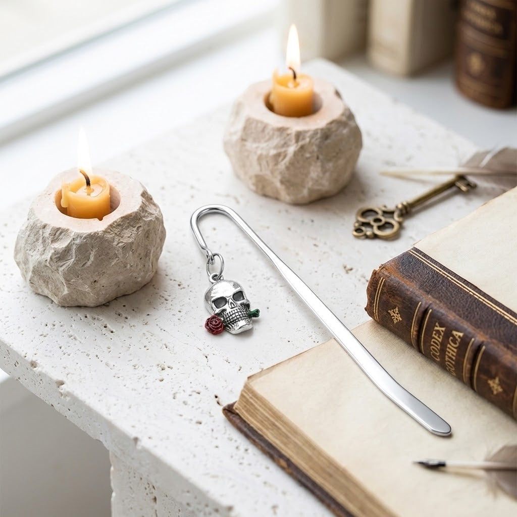 A silver metal bookmark shaped like a skull with a small red rose charm, displayed on a light stone surface next to two rock candle holders with lit candles, an antique-style key, and old books.