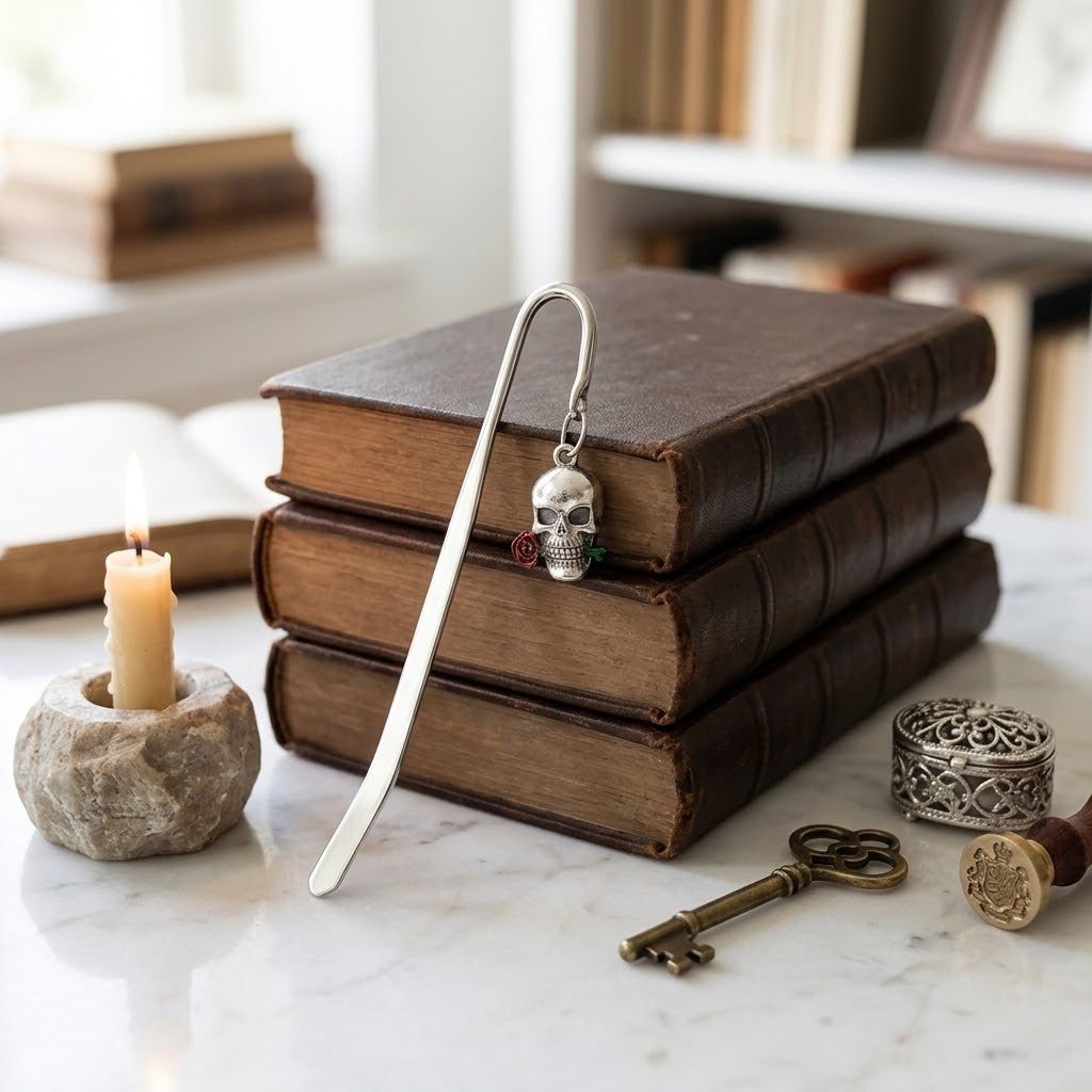 A silver metal bookmark with a skull charm rests on a stack of dark brown leather-bound books on a marble surface, styled with a candle, antique key, and wax seal.