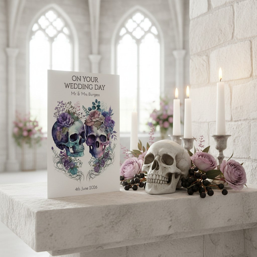 Decorative skull wedding card with floral elements on a marble surface in a gothic-style room.