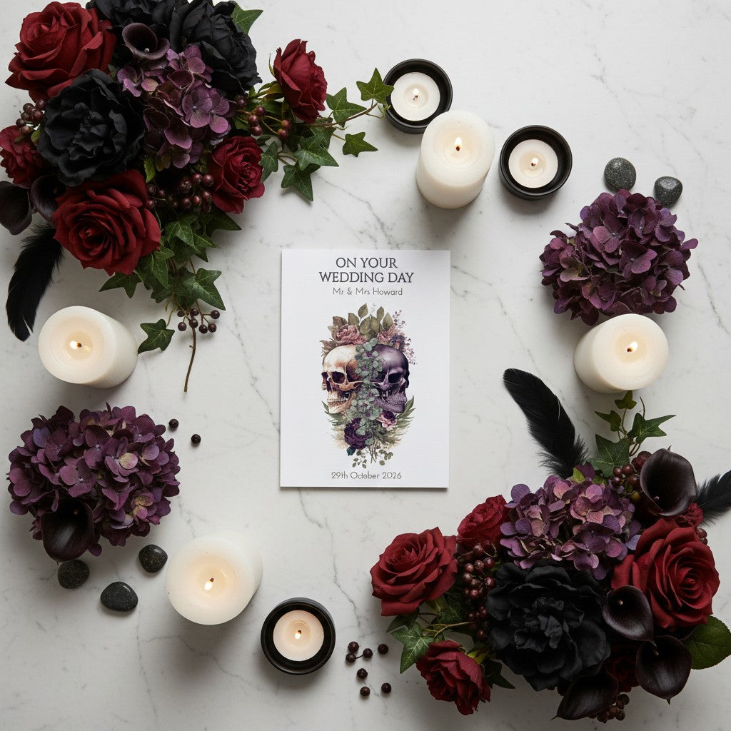 Wedding card surrounded by dark flowers and candles on a light background